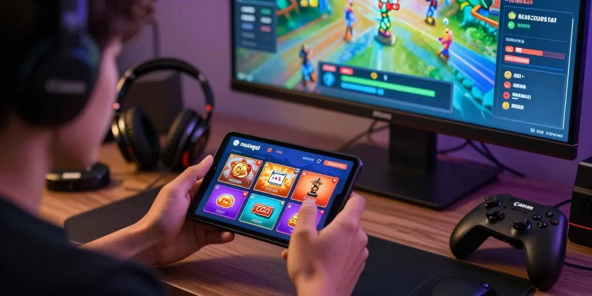 Pengguna sistem ratutogel bermain togel online di smartphone dengan antarmuka interaktif yang berwarna-warni.