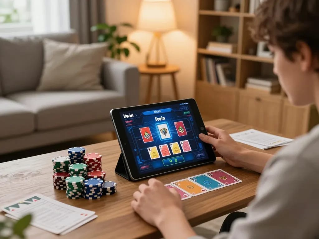 Engaging in llwin gaming strategy on a tablet in a cozy home setup.