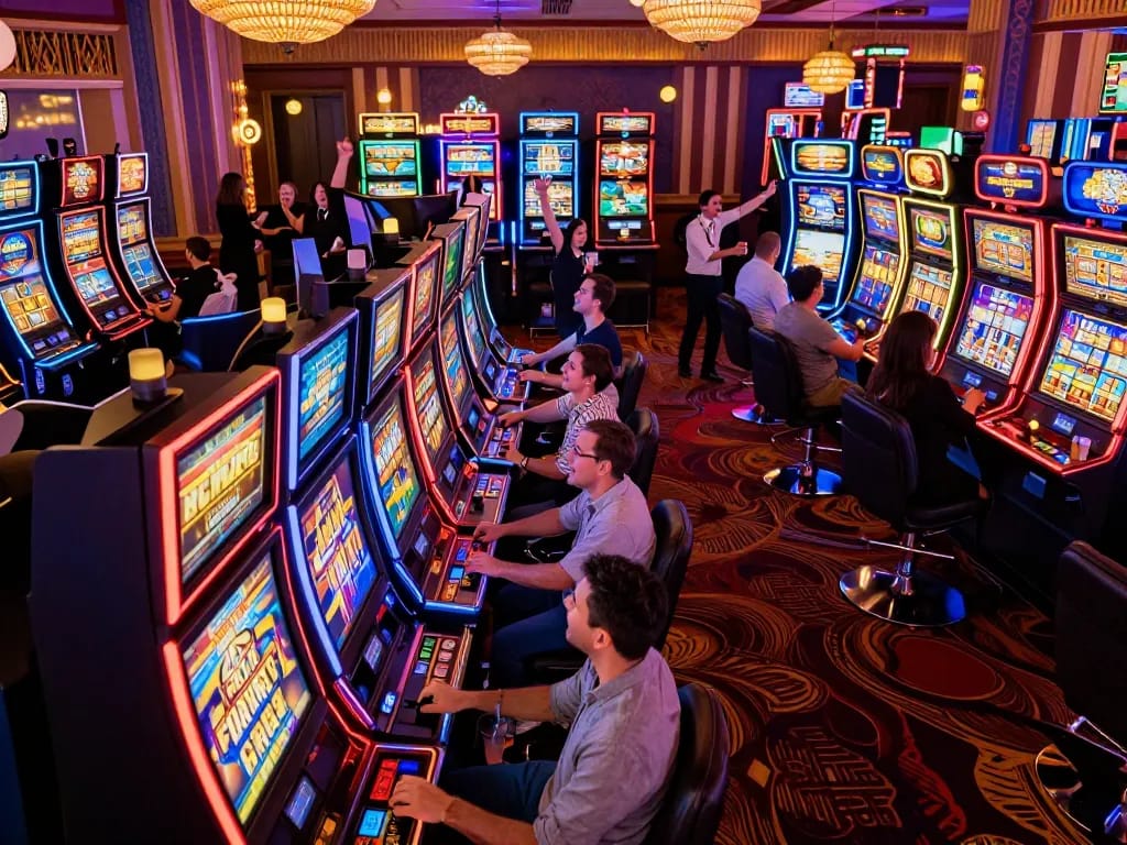 Players engaging with rokok88 slot machines amidst vibrant neon lights and festive atmosphere in a bustling casino.