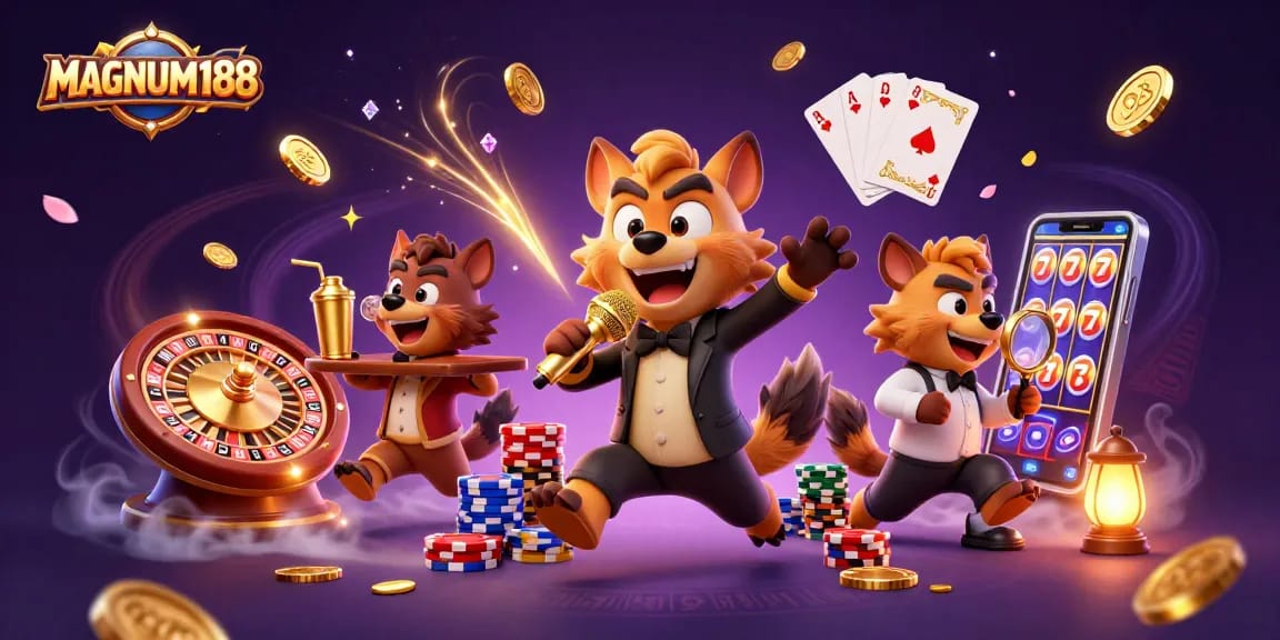 Join the laughter at MAGNUM188 with hyena comedians amusing players while sparkling gems and coins fly around.