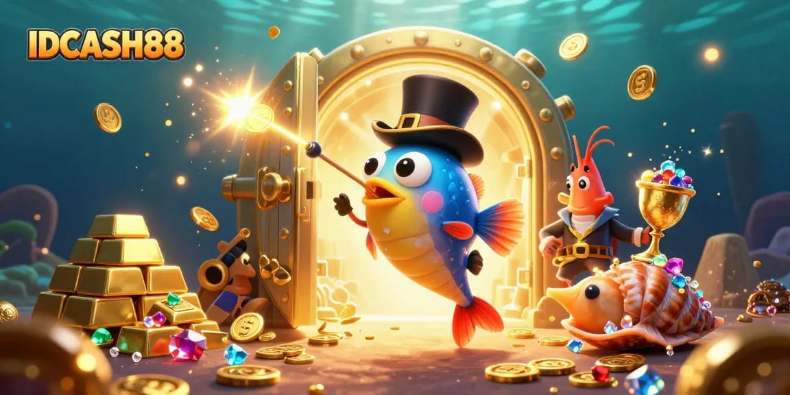 Engage with IDCASH88 in this vibrant underwater casino scene showcasing treasure and excitement.