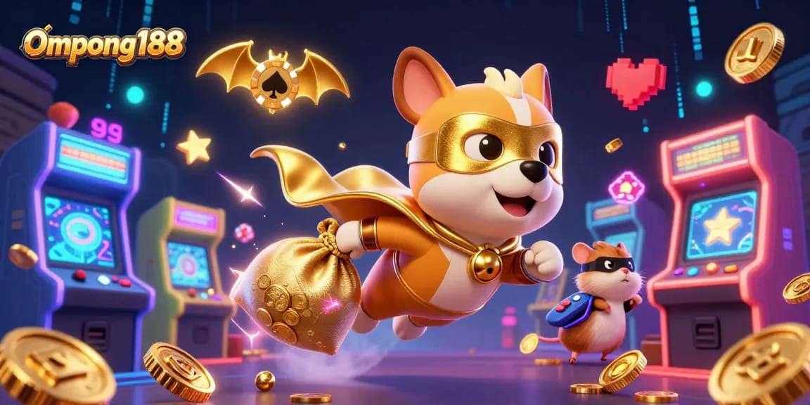 Ompong188 menghadirkan ilustrasi kasino 3D yang dinamis dengan karakter superhero dan elemen permainan menawan.