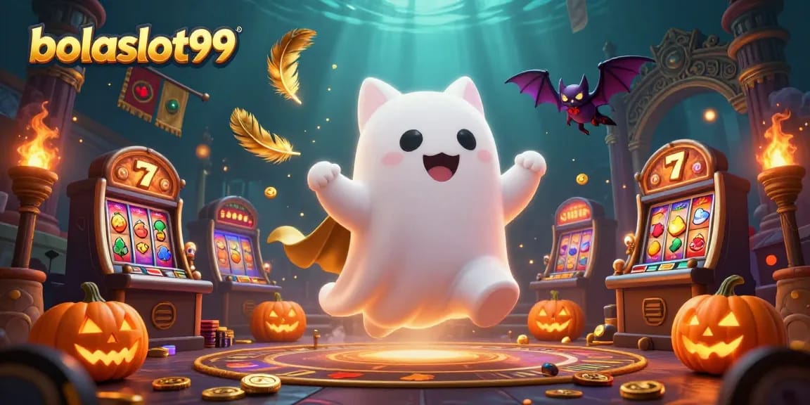 Engage with the lively bolaslot99 scene featuring a ghost cat and vibrant casino elements.