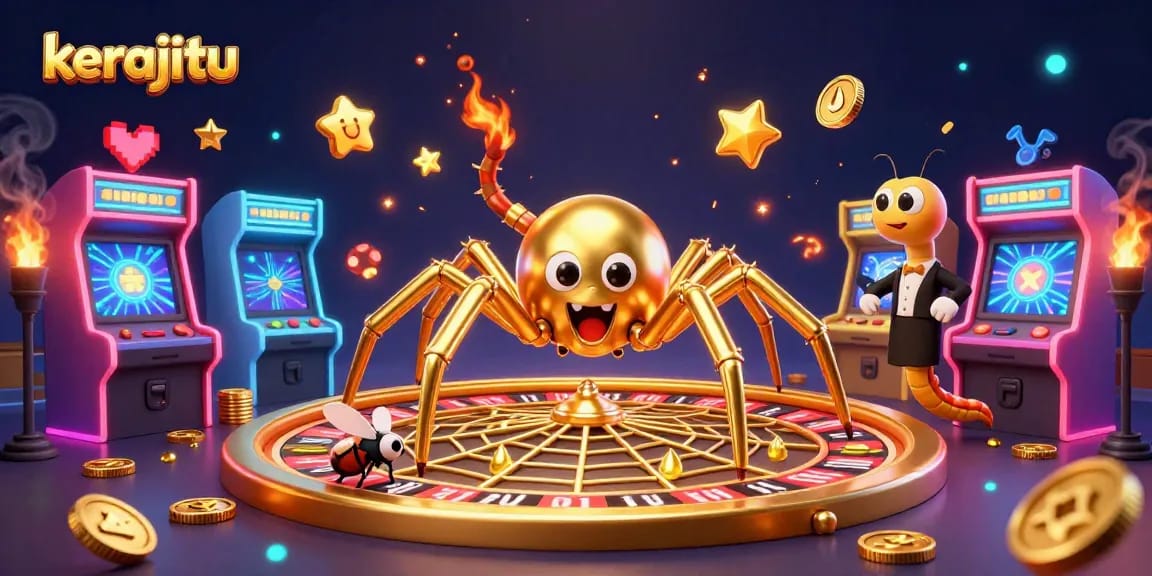 Kerajitu spins the roulette wheel in a dynamic 3D casino scene, showcasing colorful gaming elements.
