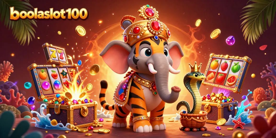 Engage and excite with bolaslot100 in this vibrant scene featuring a festive maharaja, slots, and tropical treasures.