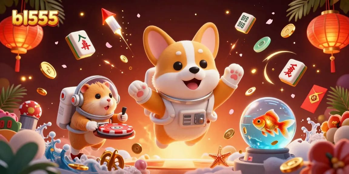 Experience the fun at bl555 as the astronaut corgi plays amidst a vibrant space casino scene.