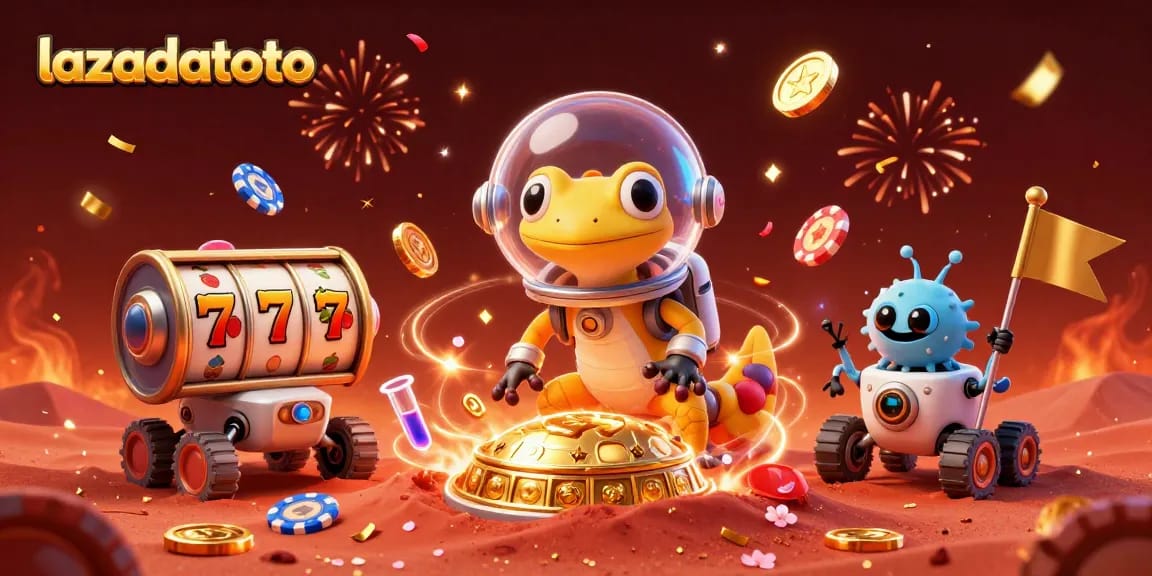 Lazadatoto showcases a 3D Martian gecko in a casino filled with gold and excitement, celebrating big wins.