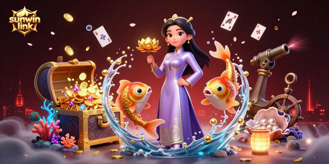 Immersive scene showcasing sunwin link with an elegant woman and koi fish, vibrant gaming elements surrounding them.