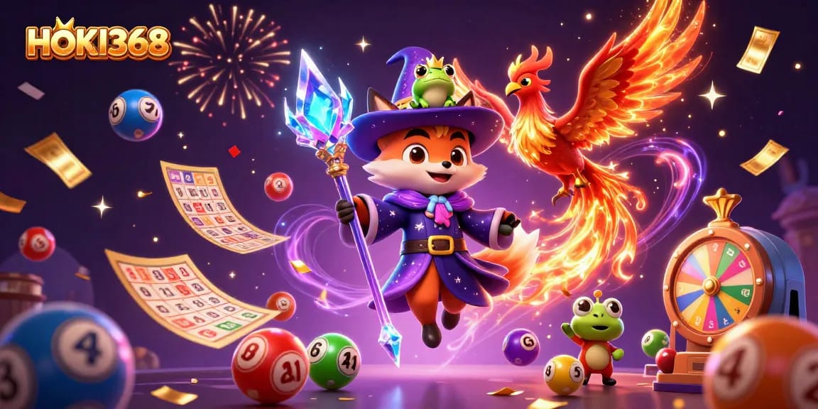 Join the fun with HOKI368, where vibrant lottery elements and magical characters create an exciting gaming atmosphere.