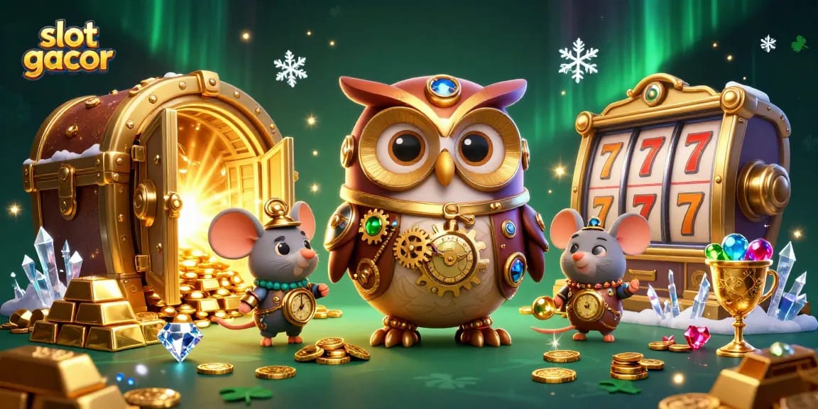 Visualisasi menarik slot gacor dengan burung hantu penjelajah waktu di kasino futuristik.