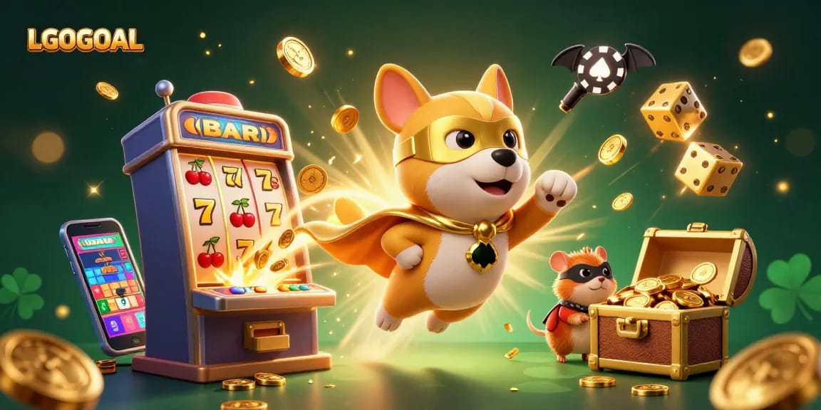 Experience thrilling jackpots with LGOGOAL, where a superhero dog and hamster fly through a vibrant casino scene.