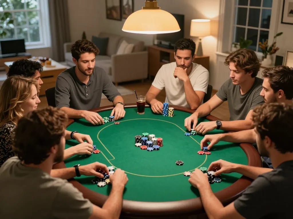 Pemain Kenzototo terlibat dalam permainan poker yang ramah di rumah, menikmati permainan strategis bersama teman-teman.