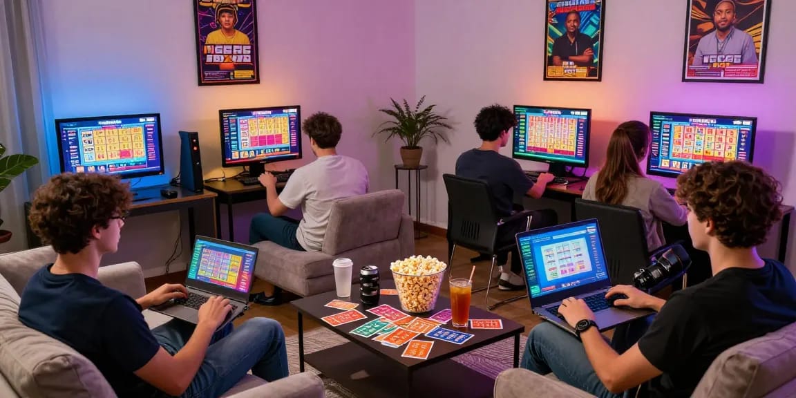 Situs togel online gaming scene with diverse players enjoying lottery excitement from a cozy living room.