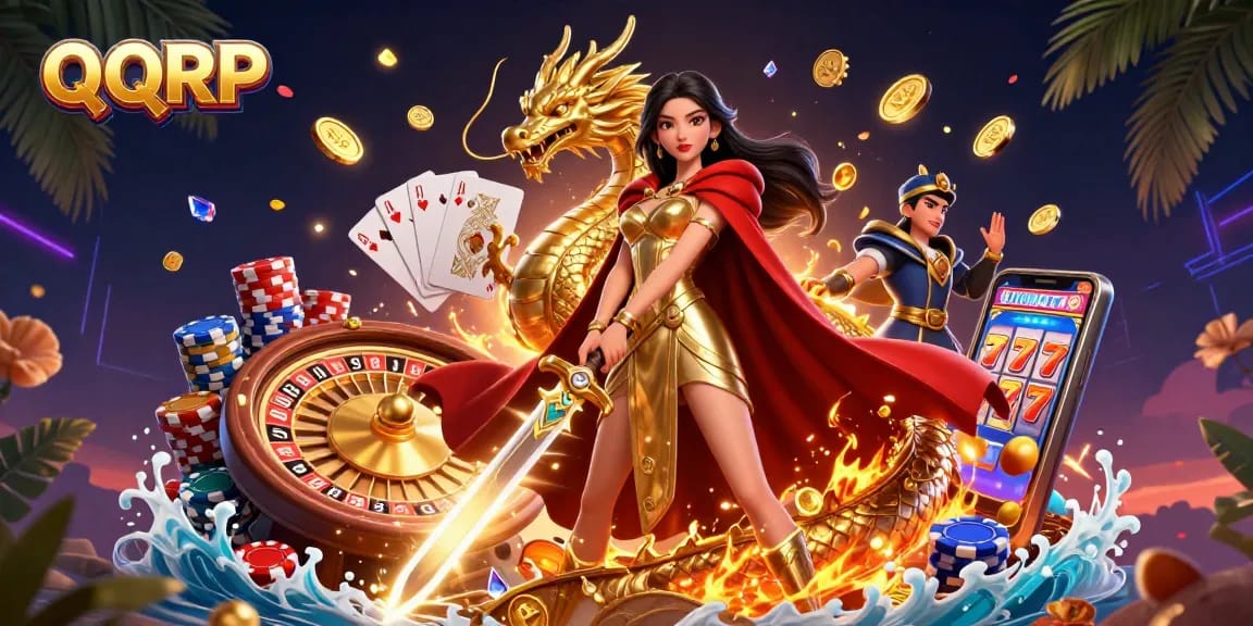 Experience the excitement of QQRP casino gaming with a stunning visual of a warrior queen and dragon amidst vibrant game elements.