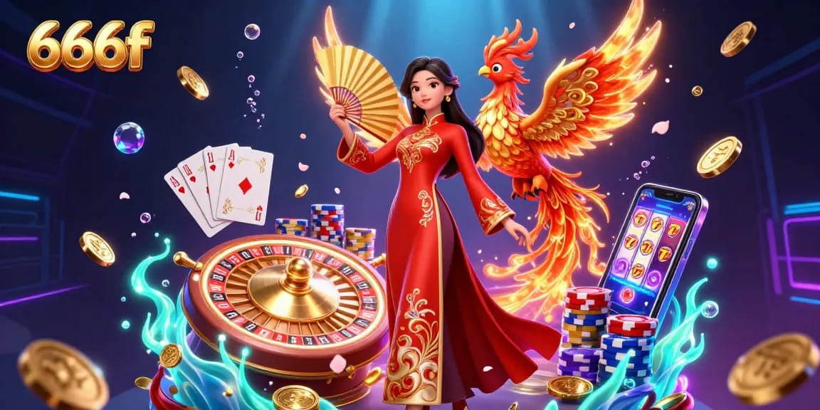 Experience the exciting world of 666f with vibrant casino elements featuring a beautiful woman and a phoenix.