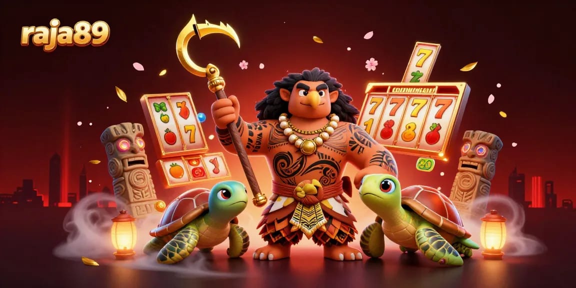 Win big with raja89 in vibrant 3D casino scene featuring slot reels and lucky charms.