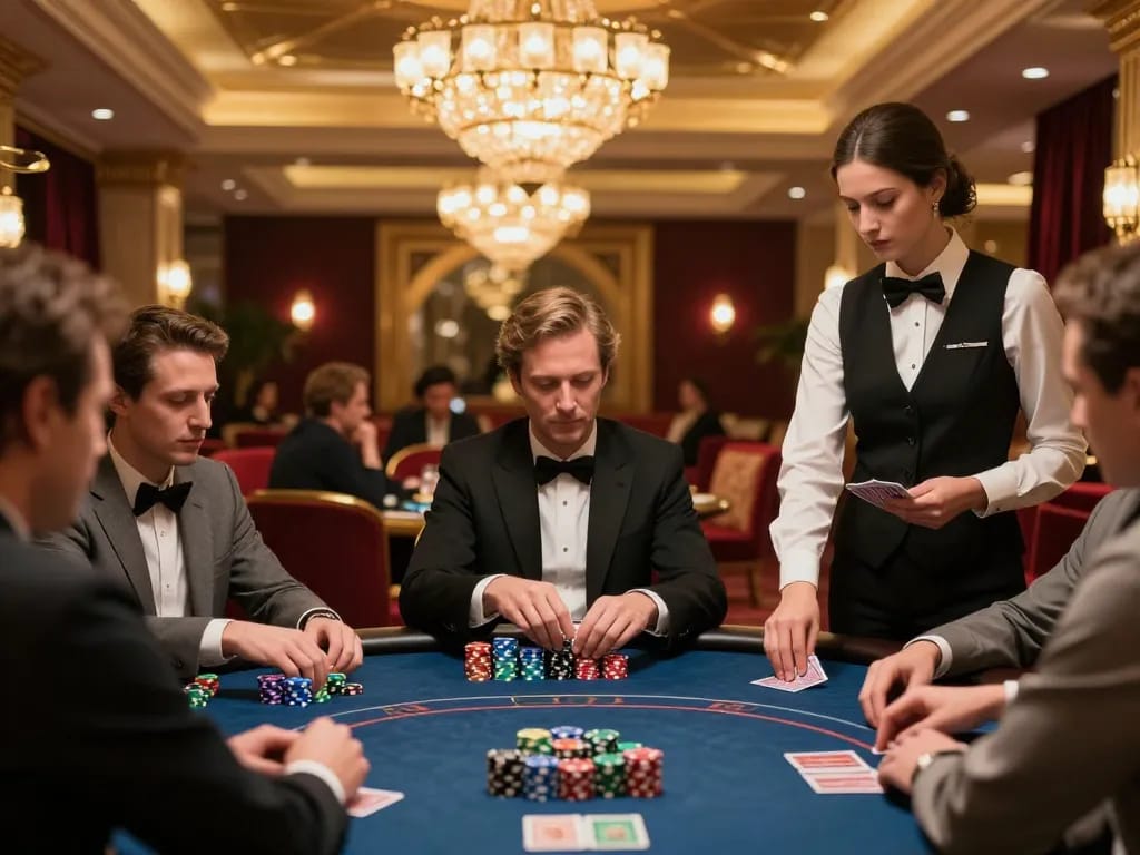 DAGA trang chu players enjoying a high-stakes poker game in an upscale casino atmosphere.