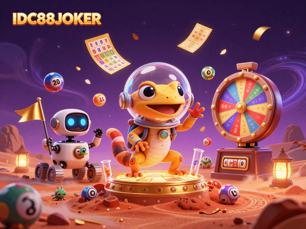 Engage with IDC88JOKER's vibrant gaming universe featuring a Martian gecko discovering a hidden golden casino.