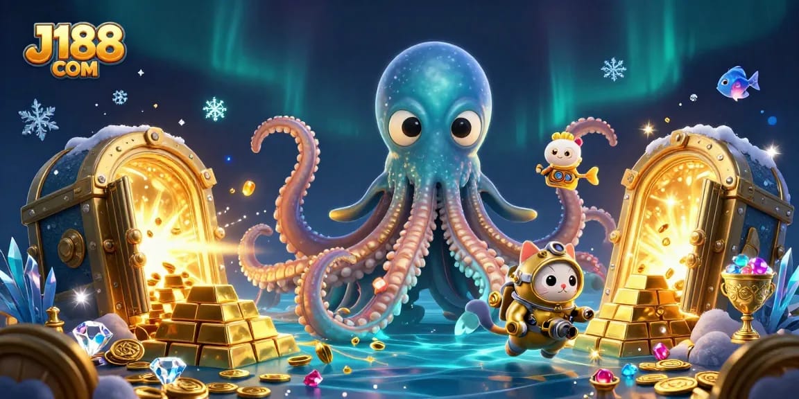 Engage with J188 COM's thrilling gaming adventure featuring a kraken and diving cat.