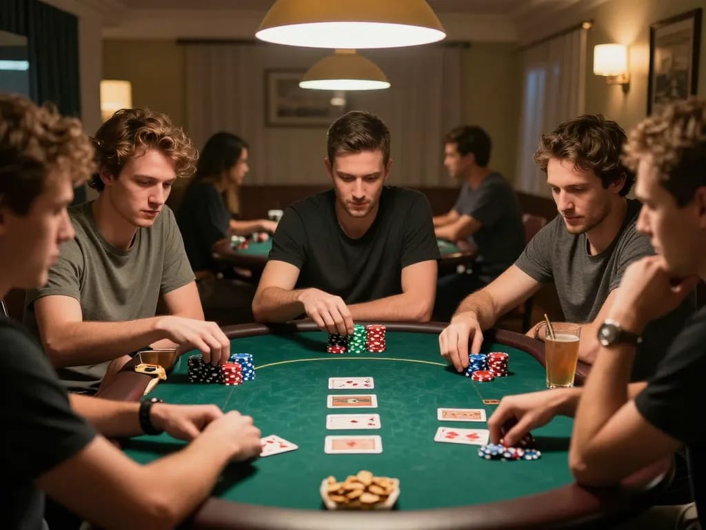 Go99 players strategizing in an intense home poker night with colorful chips and cards.