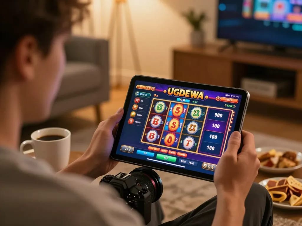 Player engaging with UGDEWA slot games on tablet in a comfortable home setting.