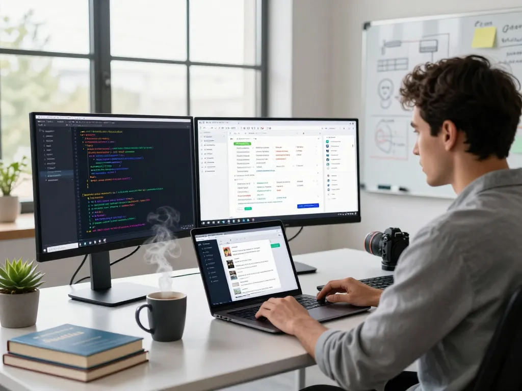 Developer using Clawdbot AI on a laptop in a modern workspace, showcasing active coding and productivity.