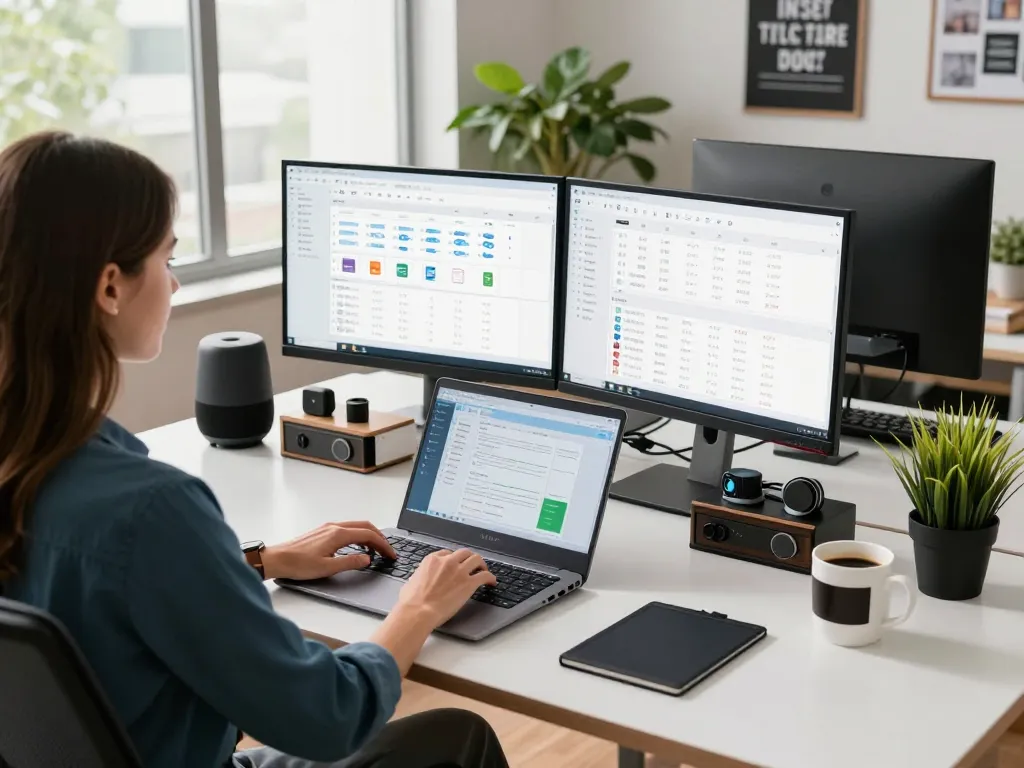 Dynamic office environment showcasing tech gadgets for productivity including dual monitors, ergonomic keyboard, and smart speaker.