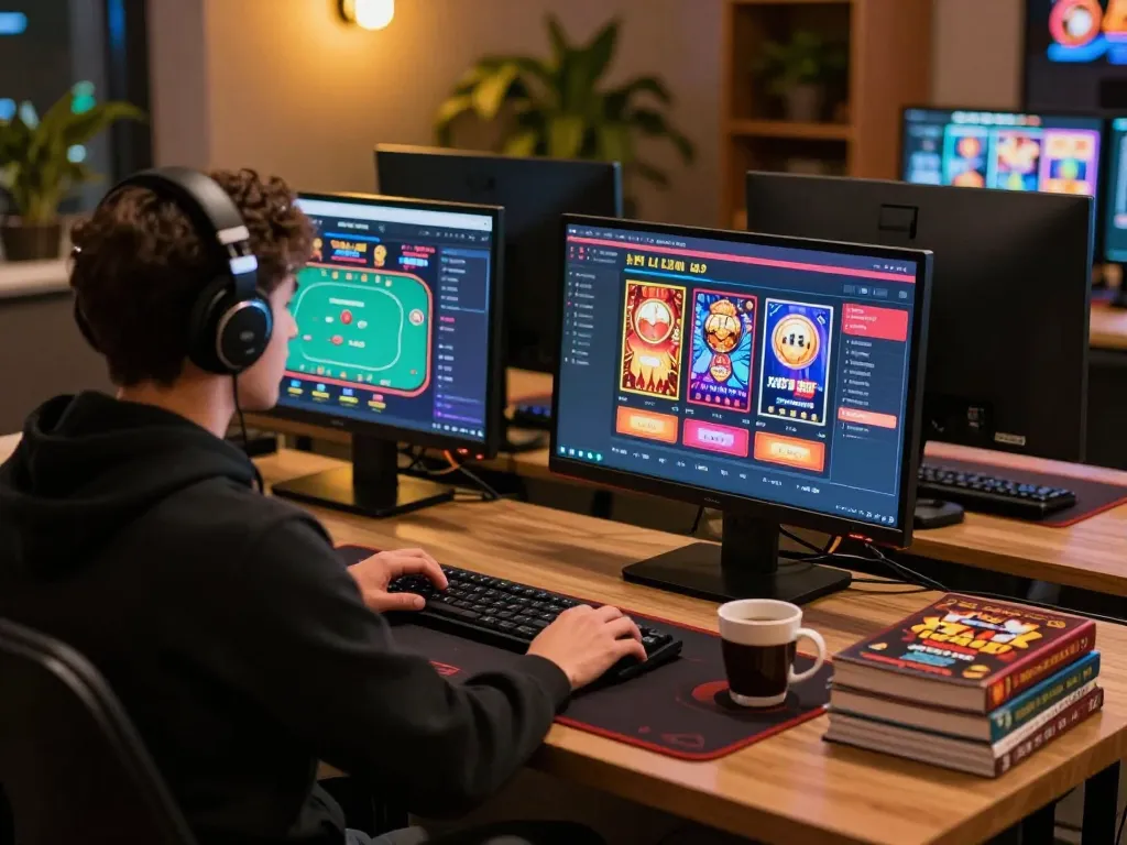 Engage in hargatoto action at a stylish home office gaming setup with live dealer and poker screens.