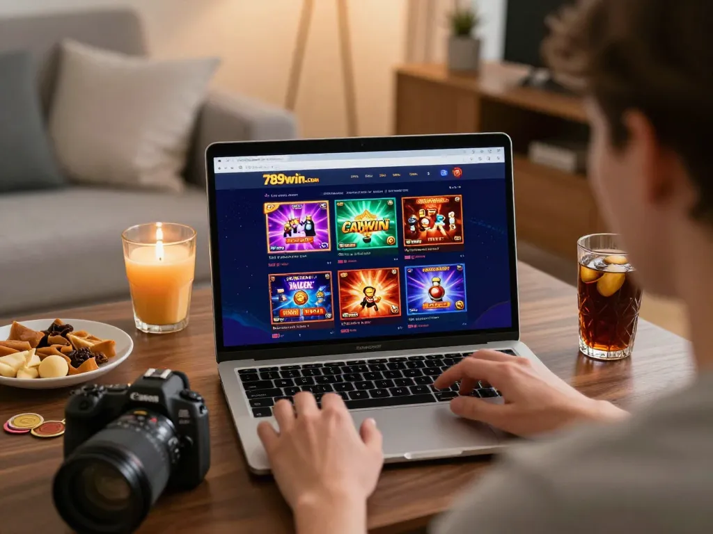 Playing games on 789win.com at a cozy home setup, showcasing a relaxing online casino atmosphere.