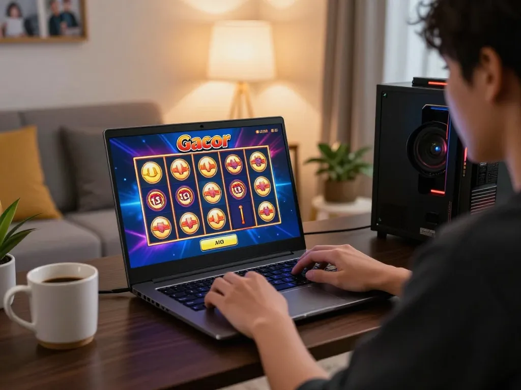 Engaging online gameplay of slot gacor in a cozy home setting with laptop and vibrant graphics.
