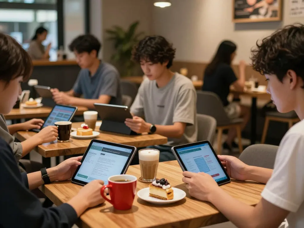 Kaisar888 users engaging with dynamic online games while enjoying coffee at a stylish cafe.