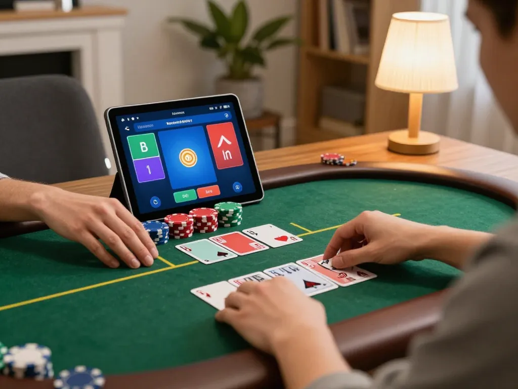 VA88 online poker player strategically placing bets on a tablet in a cozy home setting