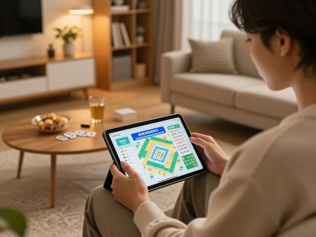Pola stabil rtp mahjong ways dianalisis dalam pengaturan permainan rumahan yang nyaman dengan sebuah tablet.