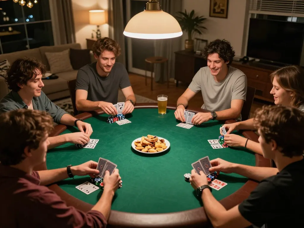 79king players enjoying a lively home poker game night with friends, chips and cards in action