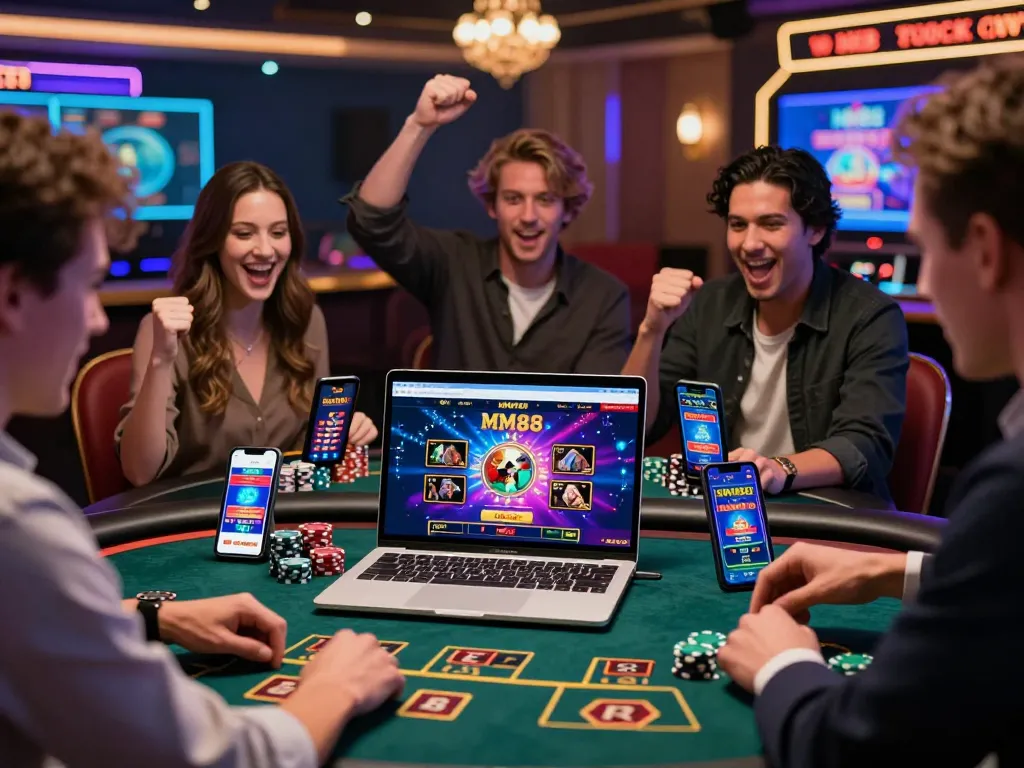 MM88 online casino scene featuring players engaged in high-stakes betting with vibrant graphics and a thrilling atmosphere.