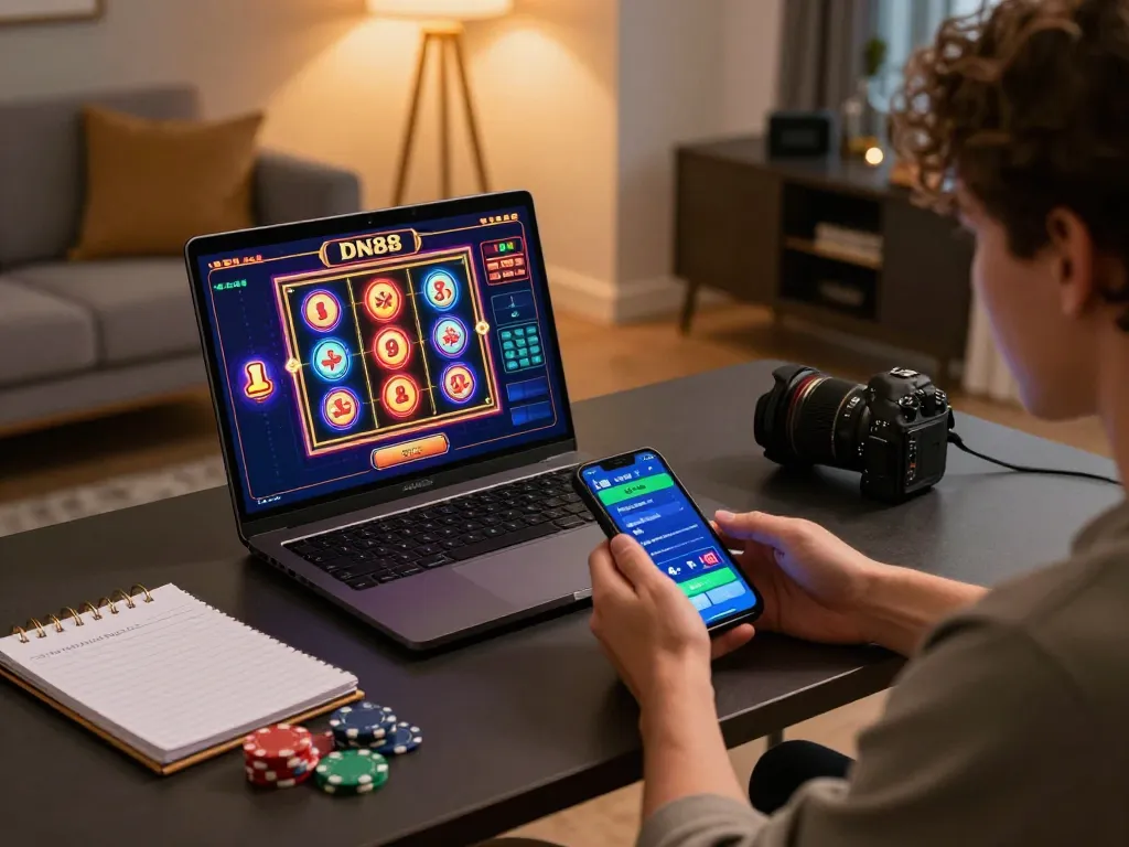 Experience the excitement of DN88 online gaming with a person engaged in slots action at home.