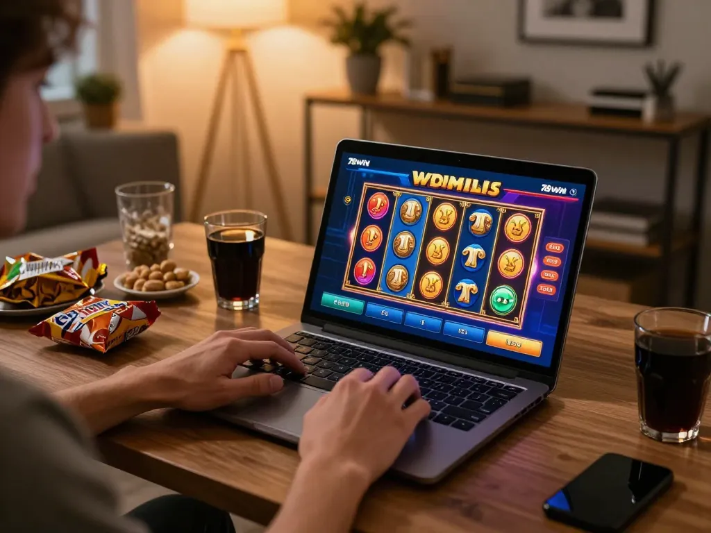 Player enjoying engaging slot gameplay on 78win casino app from home, celebrating wins