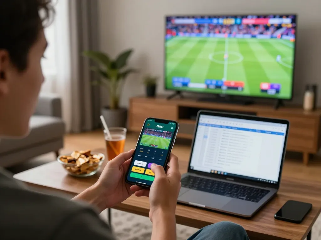 Engaging in sports betting with 28bets app on smartphone, showcasing excitement in a cozy home setting.
