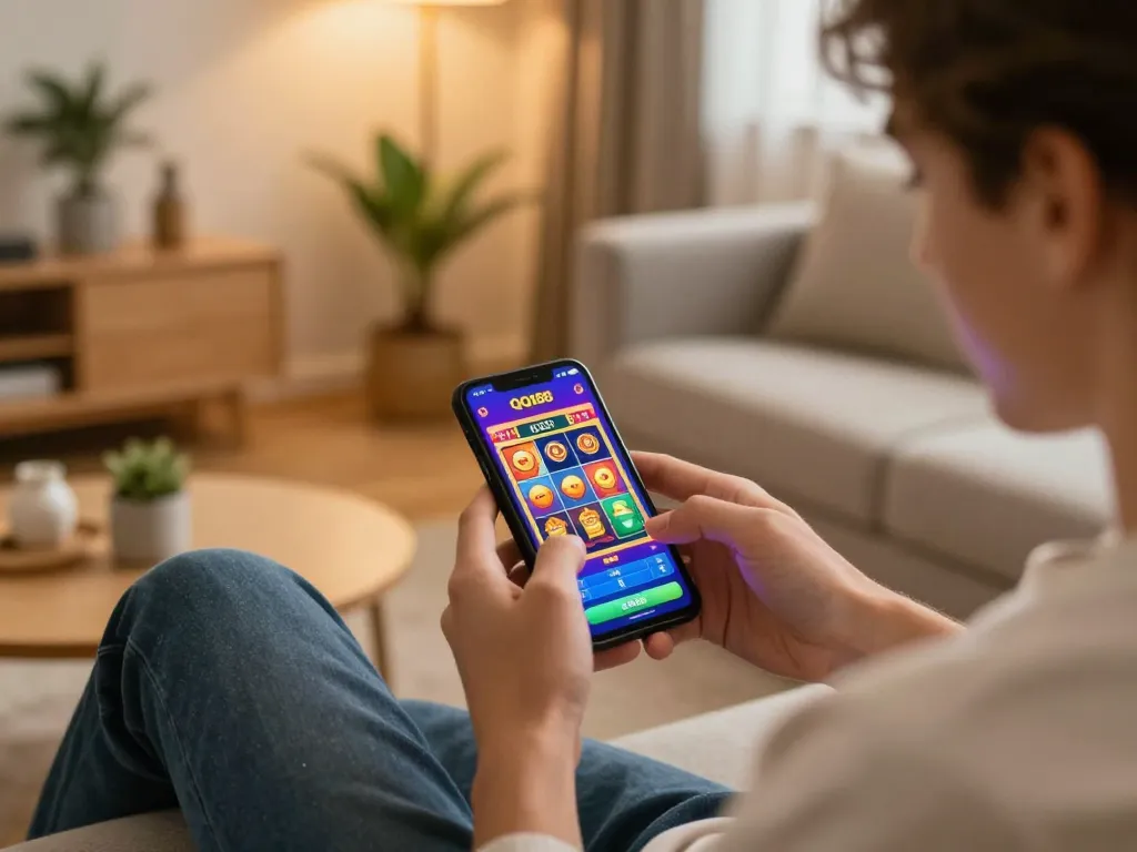 Pemain menikmati permainan QQ188 Slot di smartphone dalam suasana ruang tamu yang nyaman