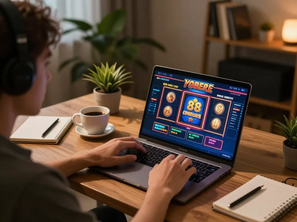 Pemain menikmati slot88 di laptop dalam pengaturan rumah yang nyaman dengan pencahayaan hangat dan kopi.