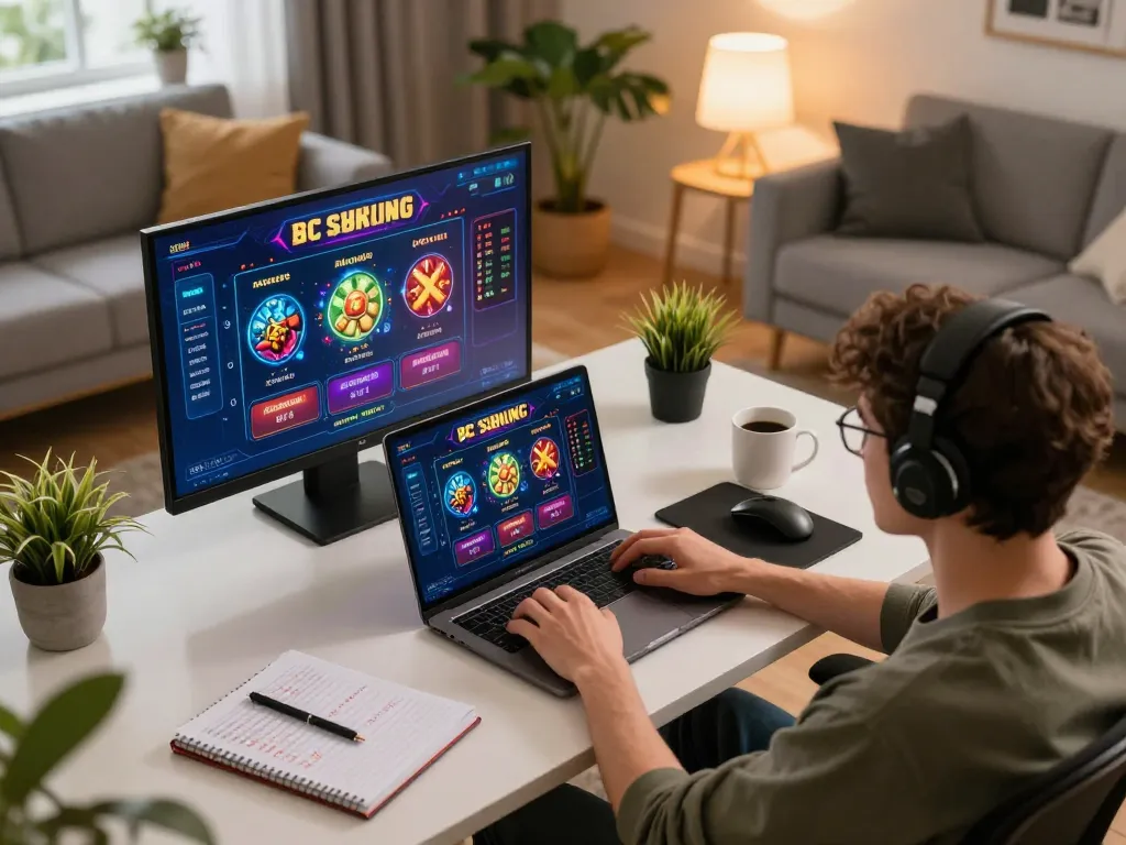 Player engaging with SC88 online casino games on laptop, showcasing a cozy home gaming setup.