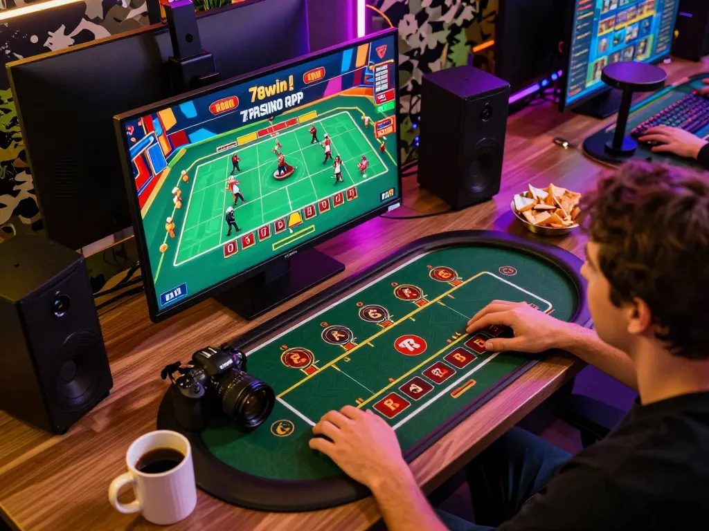Engaging gameplay on the 78win casino app in a stylish home setup, showcasing live table action.