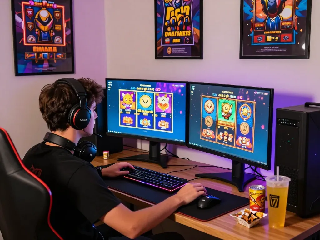 Pemain menikmati permainan slot gacor di dua monitor di ruangan yang nyaman