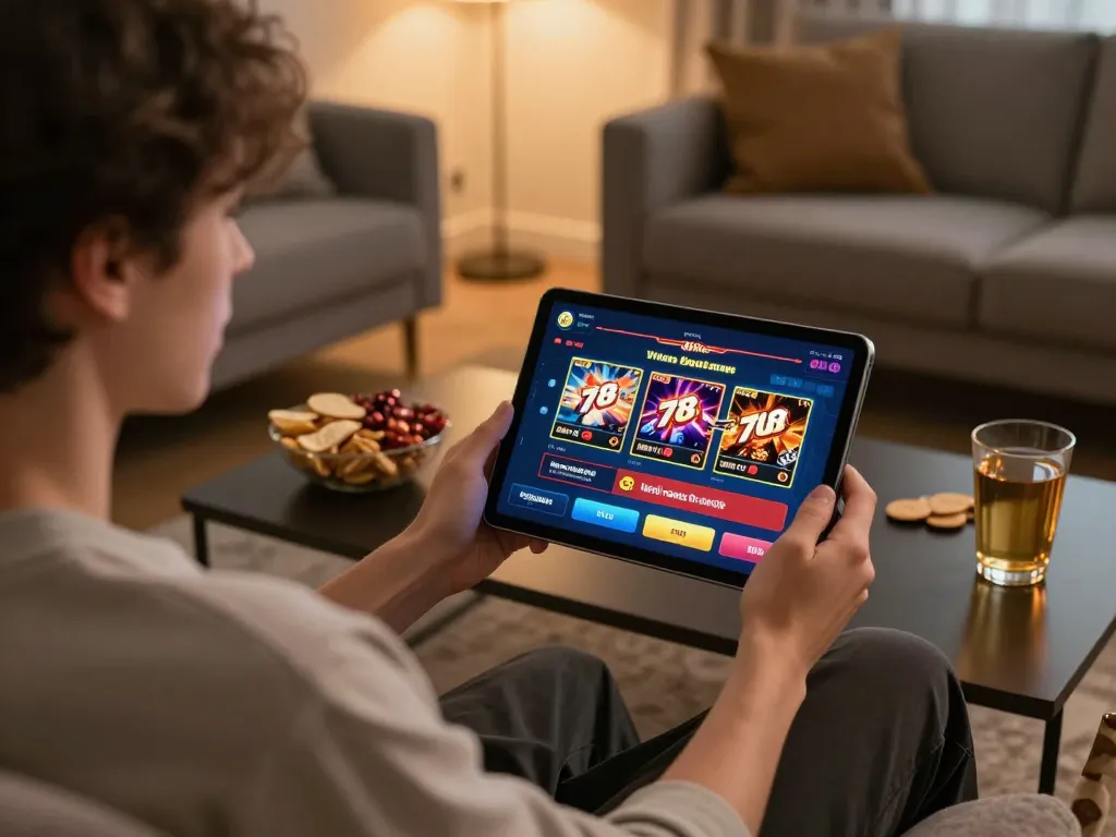 Player enjoying the 78win online casino experience on a tablet in a cozy living room.