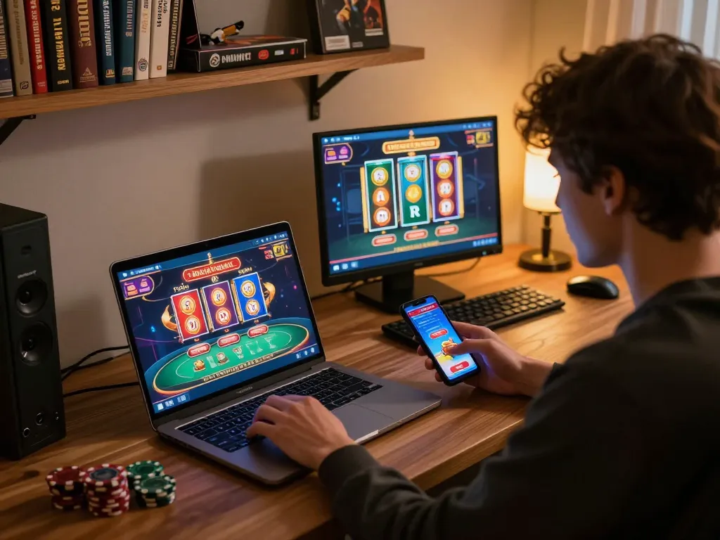 Engaging online gaming scene featuring alo88 eu com on laptop and mobile device