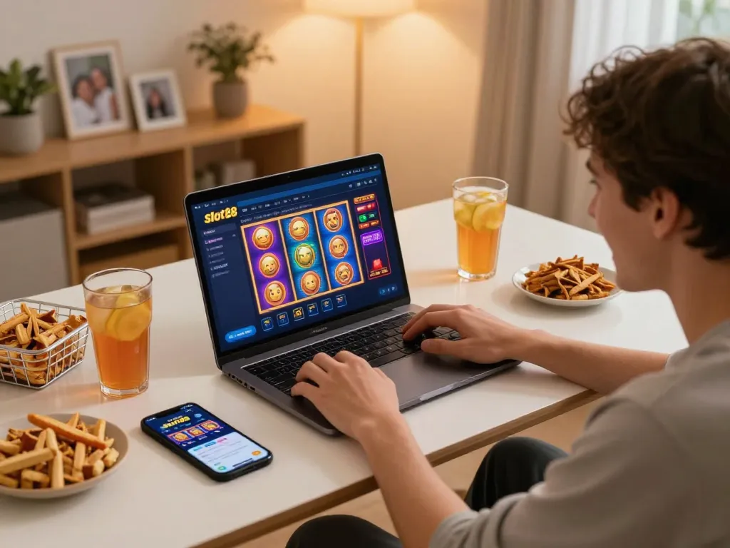 Player engaging with slot88 online gaming interface on a laptop during a cozy home session.