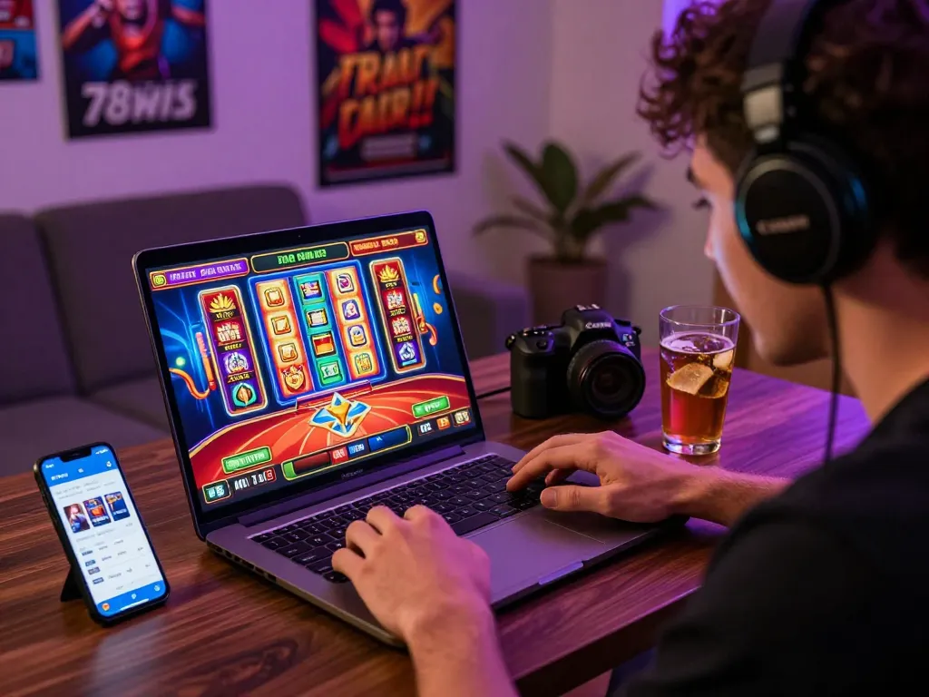 Engaging online gambling experience with 78win app on a laptop amidst vibrant casino graphics.
