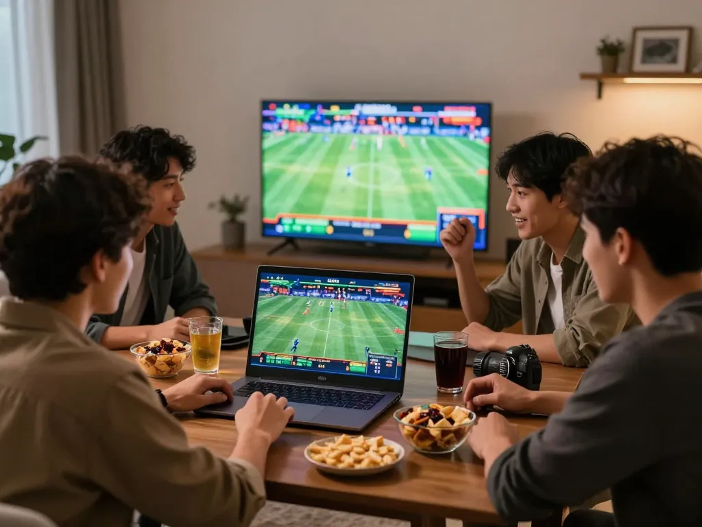 Dynamic online betting scene at https://ledaonline.in.net/ with friends enjoying a live sports match.