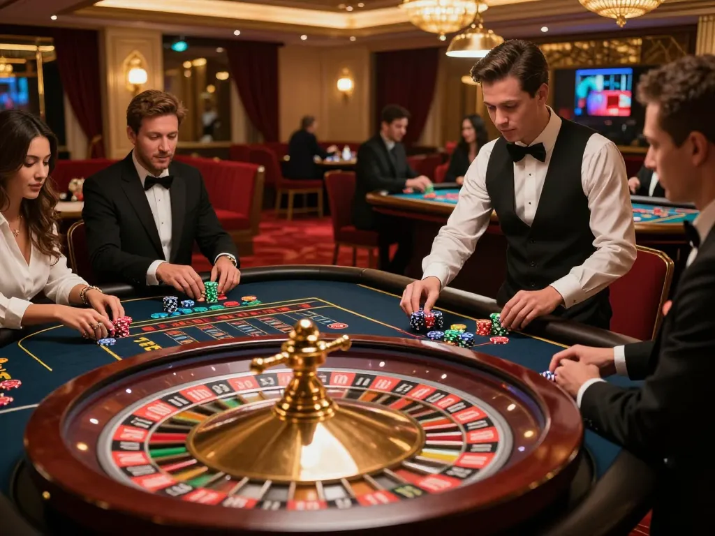 Engaging scene of players betting on a roulette table at luxurious casino, showcasing sunwin excitement in gameplay.