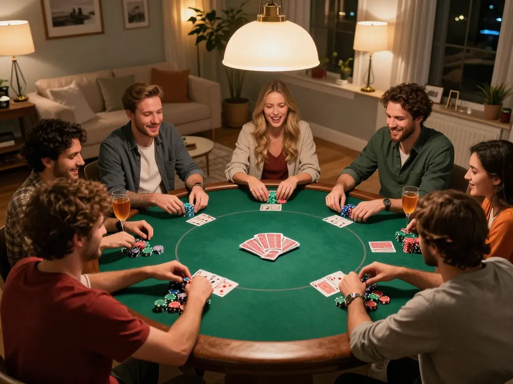 Friends playing poker at home, showcasing a fun night with 78win, chips and cards on the table.